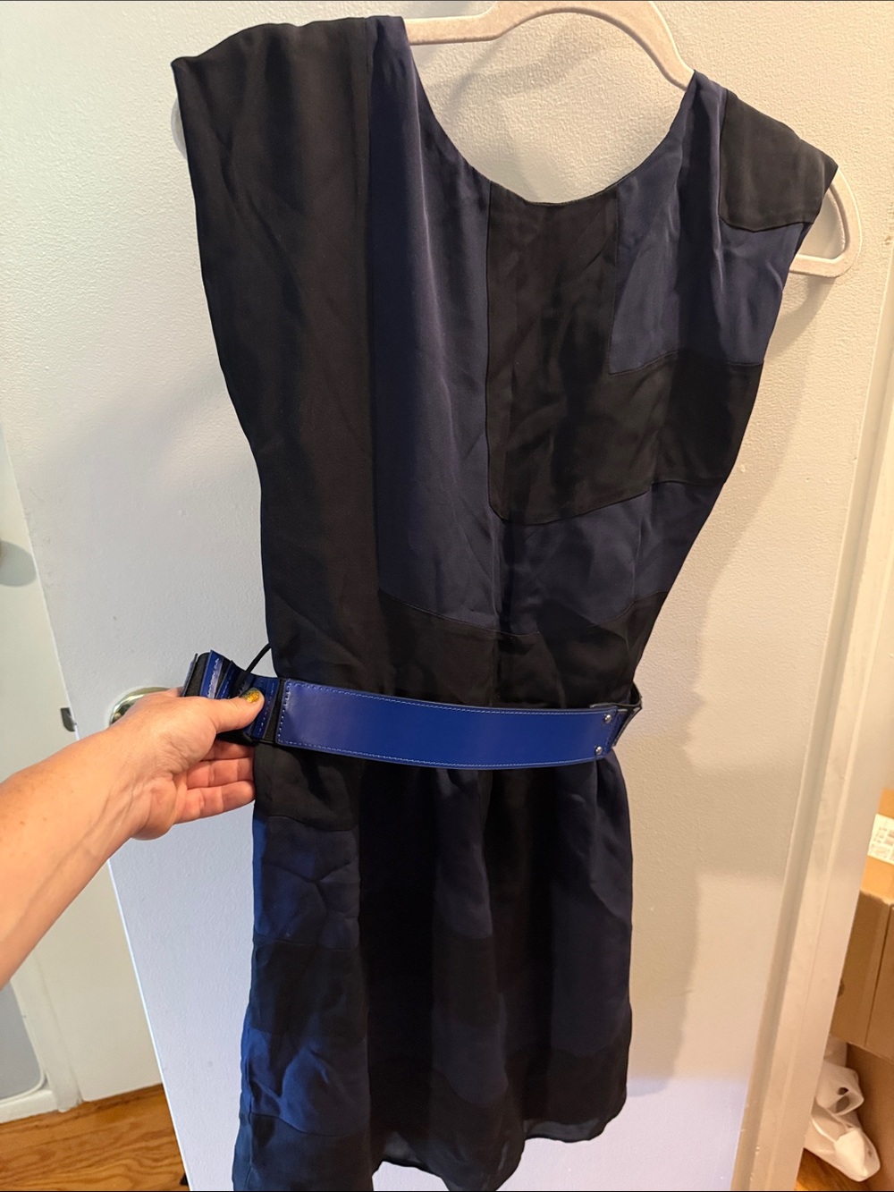 Alice + Olivia Navy and Black Colorblock Mini Dress with Blue Belt
